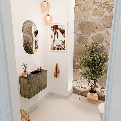 JOYA-DLUX 60cm cloakroom vanity set color Dusk. Vanity top FAYE position Right 1 tab hole color Lava.