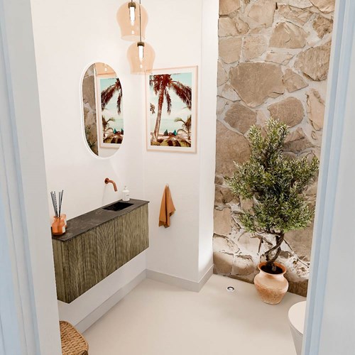 JOYA-DLUX 90cm mobile lavabo colore Dusk. Lavabo FAYE posizione Destra senza foro per il rubinetto colore Lava.