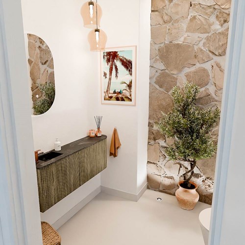 JOYA-DLUX 111,6cm toiletmeubel ronding rechts kleur Dusk. Wastafel FAYE positie Links 1 kraangat kleur Lava.