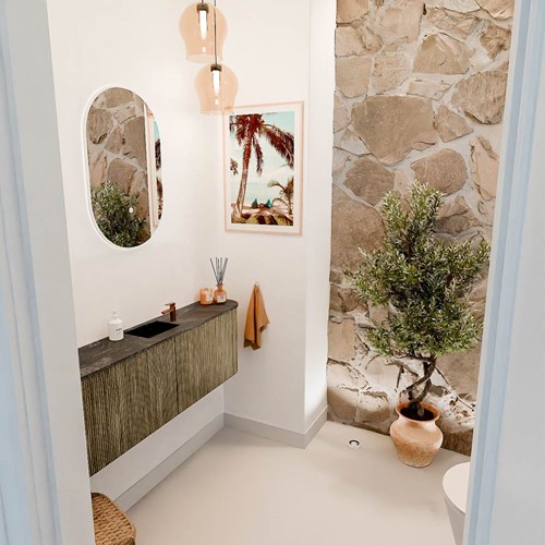 JOYA-DLUX 123,2cm mobile lavabo colore curva sinistra + destra Dusk. Lavabo FAYE posizione Centro 1 foro per rubinetto colore Lava.