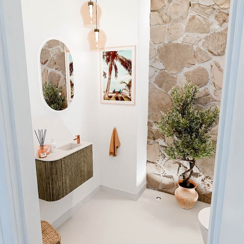 JOYA-DLUX 61,6cm mueble fondo reducido curva izquierda color Dusk. Lavabo FAYE posición Derecho 1 orificio color Meli.