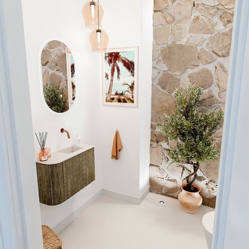 JOYA-DLUX 61,6cm mobile lavabo colore curva sinistra Dusk. Lavabo FAYE posizione Destra senza foro per il rubinetto colore Meli.