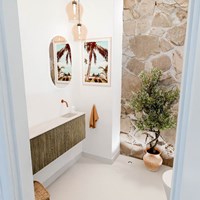 JOYA-DLUX 111,6cm toiletmeubel ronding links kleur Dusk. Wastafel FAYE positie Rechts Zonder kraangat kleur Meli.
