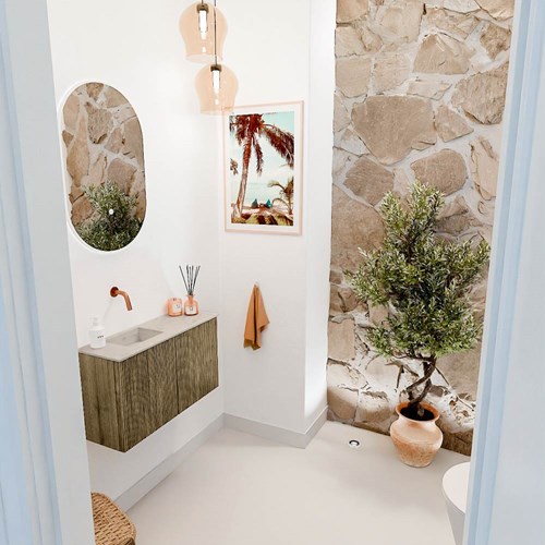 JOYA-DLUX 70cm mueble fondo reducido color Dusk. Lavabo FAYE posición Izquierda sin orificio color Opalo.