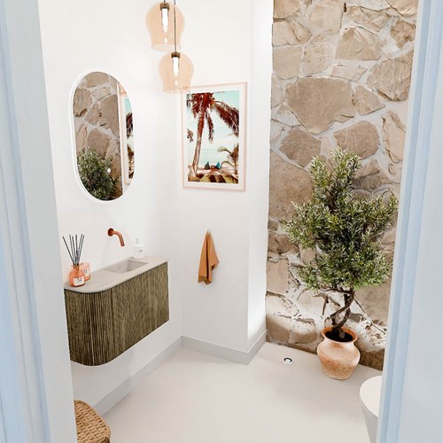 JOYA-DLUX 61,6cm mueble fondo reducido curva izquierda color Dusk. Lavabo FAYE posición Derecho sin orificio color Opalo.