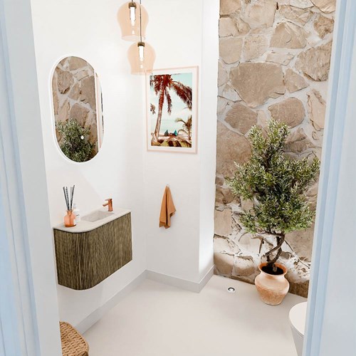 JOYA-DLUX 51,6cm mueble fondo reducido curva izquierda color Dusk. Lavabo FAYE posición Derecho 1 orificio color Ostra.