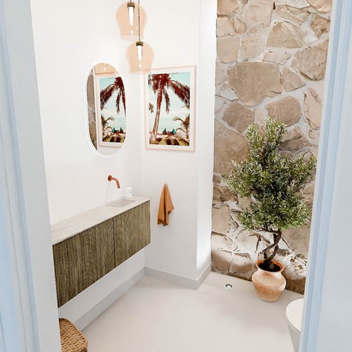 JOYA-DLUX 111,6cm mobile lavabo colore curva sinistra Dusk. Lavabo FAYE posizione Destra senza foro per il rubinetto colore Ostra.