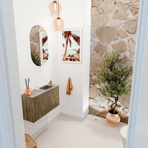 JOYA-DLUX 70cm mueble fondo reducido color Dusk. Lavabo FAYE posición Derecho 1 orificio color Oza.