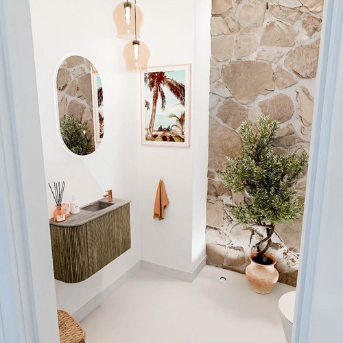 JOYA-DLUX 61,6cm toiletmeubel ronding links kleur Dusk. Wastafel FAYE positie Rechts 1 kraangat kleur Oza.