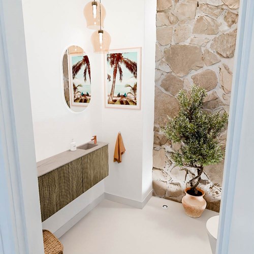 JOYA-DLUX 111,6cm mueble fondo reducido curva izquierda color Dusk. Lavabo FAYE posición Derecho 1 orificio color Saba.