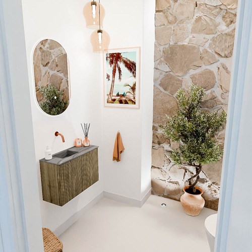 JOYA-DLUX 60cm toiletmeubel kleur Dusk. Wastafel FAYE positie Links Zonder kraangat kleur Sombra.