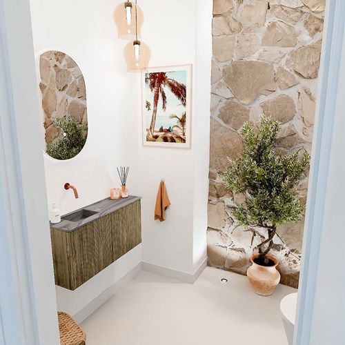 JOYA-DLUX 80cm mueble fondo reducido color Dusk. Lavabo FAYE posición Izquierda sin orificio color Sombra.