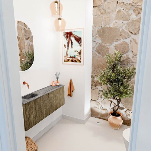 JOYA-DLUX 100cm mueble fondo reducido color Dusk. Lavabo FAYE posición Izquierda sin orificio color Sombra.