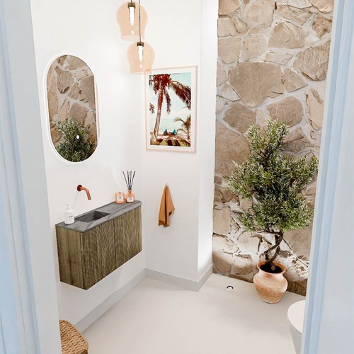 JOYA-DLUX 71,6cm mueble fondo reducido curva derecha color Dusk. Lavabo FAYE posición Izquierda sin orificio color Sombra.