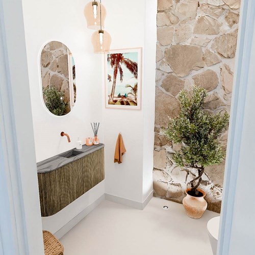JOYA-DLUX 93,2cm mueble fondo reducido curva izquierda + derecha color Dusk. Lavabo FAYE posición Centro sin orificio color Sombra.