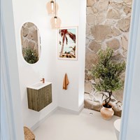 JOYA 40cm toiletmeubel kleur Dusk. Wastafel FAYE positie Links 1 kraangat kleur Talc.
