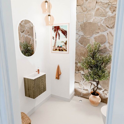 JOYA 40cm meuble lave-main couleur Dusk. Lavabo FAYE position Gauche 1 trou pour robinetter couleur Talc.