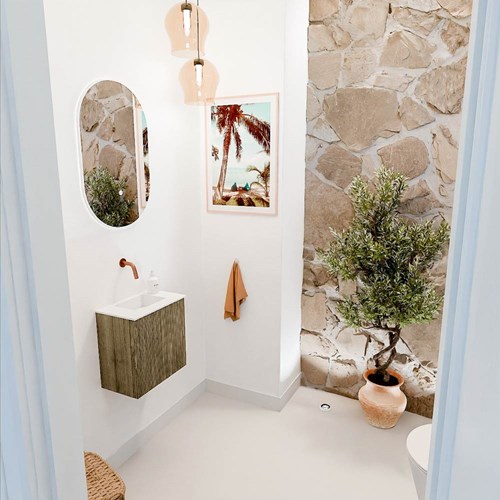 JOYA 40cm meuble lave-main couleur Dusk. Lavabo FAYE position Centrée sans trou pour robinet couleur Talc.
