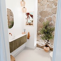 JOYA 111,6cm toiletmeubel ronding rechts kleur Dusk. Wastafel FAYE positie Links Zonder kraangat kleur Talc.
