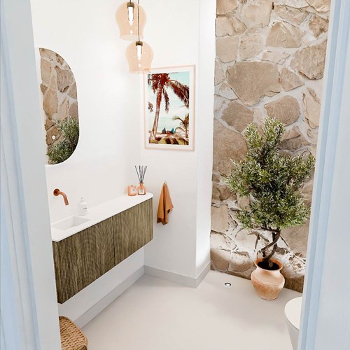 JOYA 111,6cm toiletmeubel ronding rechts kleur Dusk. Wastafel FAYE positie Links Zonder kraangat kleur Talc.