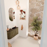JOYA 71,6cm mueble fondo reducido curva izquierda color Dusk. Lavabo FAYE posición Derecho 1 orificio color Urban.