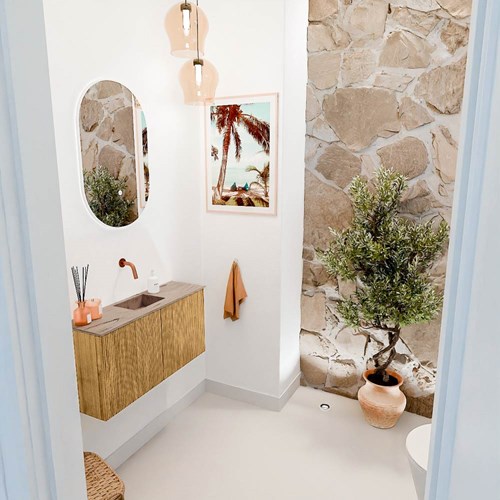 JOYA-DLUX 80cm mueble fondo reducido color Oak. Lavabo FAYE posición Centro sin orificio color Arena.