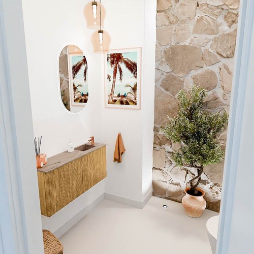 JOYA-DLUX 90cm cloakroom vanity set color Oak. Vanity top FAYE position Right 1 tab hole color Arena.