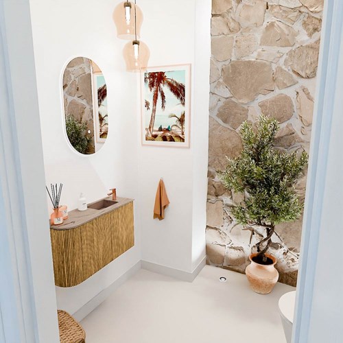 JOYA-DLUX 71,6cm toiletmeubel ronding links kleur Oak. Wastafel FAYE positie Rechts 1 kraangat kleur Arena.