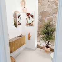 JOYA-DLUX 91,6cm mueble fondo reducido curva izquierda color Oak. Lavabo FAYE posición Derecho 1 orificio color Arena.