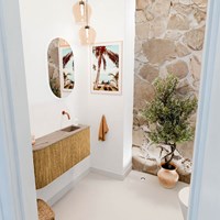 JOYA-DLUX 91,6cm mueble fondo reducido curva izquierda color Oak. Lavabo FAYE posición Derecho sin orificio color Arena.