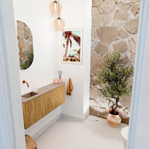 JOYA-DLUX 111,6cm mueble fondo reducido curva derecha color Oak. Lavabo FAYE posición Izquierda sin orificio color Arena.