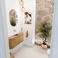 JOYA-DLUX 93,2cm mobile lavabo colore curva sinistra + destra Oak. Lavabo FAYE posizione Centro senza foro per il rubinetto colore Arena.