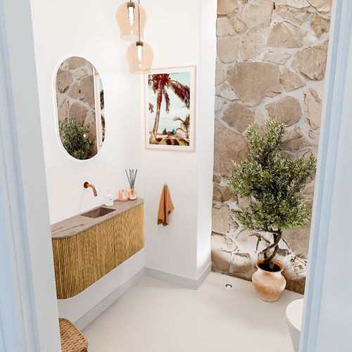 JOYA-DLUX 93,2cm mobile lavabo colore curva sinistra + destra Oak. Lavabo FAYE posizione Centro senza foro per il rubinetto colore Arena.