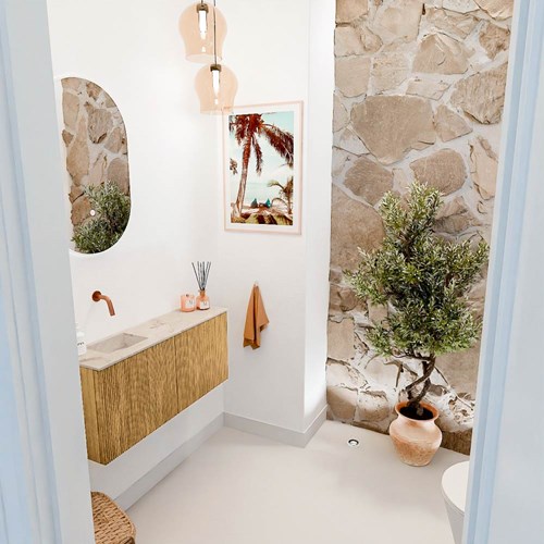 JOYA-DLUX 90cm toiletmeubel kleur Oak. Wastafel FAYE positie Links Zonder kraangat kleur Frappe.