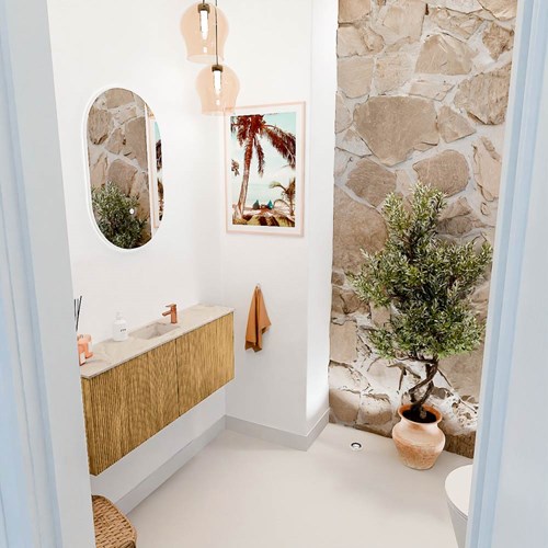JOYA-DLUX 100cm toiletmeubel kleur Oak. Wastafel FAYE positie Midden 1 kraangat kleur Frappe.