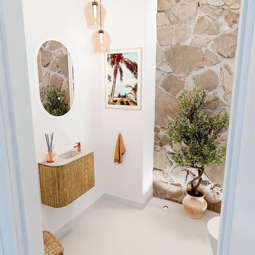 JOYA-DLUX 51,6cm meuble lave-main courbe gauche couleur Oak. Lavabo FAYE position Droite 1 trou pour robinetter couleur Frappe.