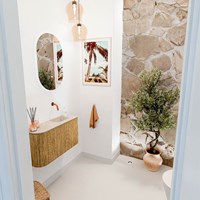 JOYA-DLUX 71,6cm toiletmeubel ronding links kleur Oak. Wastafel FAYE positie Rechts Zonder kraangat kleur Frappe.