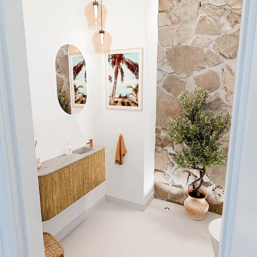 JOYA-DLUX 91,6cm mobile lavabo colore curva sinistra Oak. Lavabo FAYE posizione Destra 1 foro per rubinetto colore Glace.