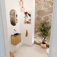 JOYA-DLUX 40cm mueble fondo reducido color Oak. Lavabo FAYE posición Derecho sin orificio color Lava.