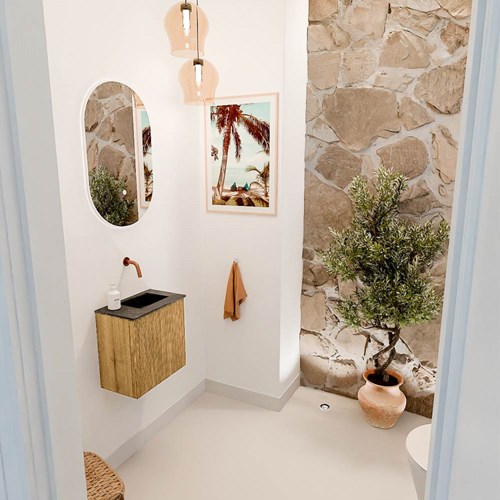 JOYA-DLUX 40cm mueble fondo reducido color Oak. Lavabo FAYE posición Derecho sin orificio color Lava.