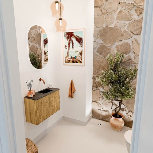 JOYA-DLUX 60cm mueble fondo reducido color Oak. Lavabo FAYE posición Derecho sin orificio color Lava.
