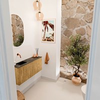 JOYA-DLUX 90cm mueble fondo reducido color Oak. Lavabo FAYE posición Izquierda sin orificio color Lava.