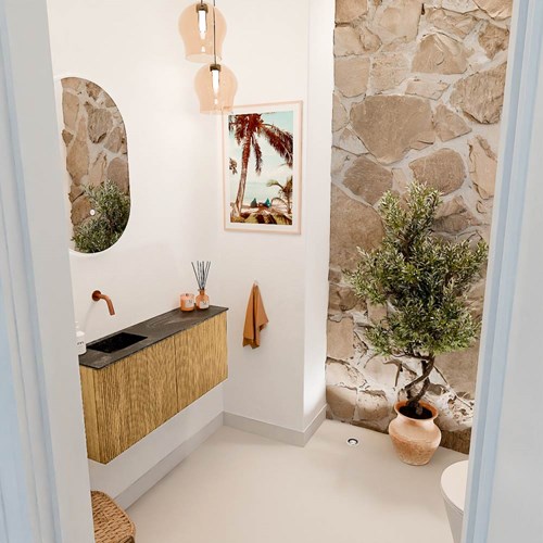 JOYA-DLUX 90cm mueble fondo reducido color Oak. Lavabo FAYE posición Izquierda sin orificio color Lava.