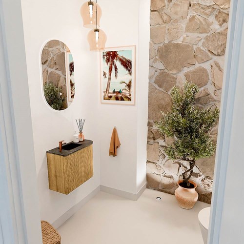 JOYA-DLUX 51,6cm mueble fondo reducido curva derecha color Oak. Lavabo FAYE posición Izquierda 1 orificio color Lava.