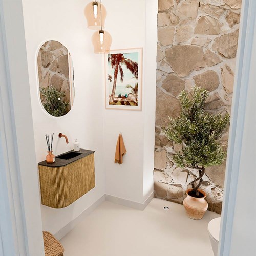 JOYA-DLUX 51,6cm mobile lavabo colore curva sinistra Oak. Lavabo FAYE posizione Destra senza foro per il rubinetto colore Lava.