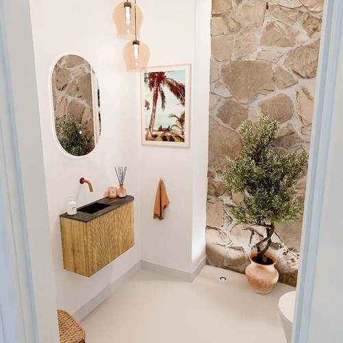 JOYA-DLUX 61,6cm mueble fondo reducido curva derecha color Oak. Lavabo FAYE posición Izquierda sin orificio color Lava.