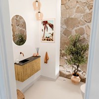 JOYA-DLUX 81,6cm mueble fondo reducido curva derecha color Oak. Lavabo FAYE posición Izquierda sin orificio color Lava.