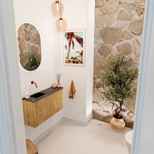 JOYA-DLUX 81,6cm mueble fondo reducido curva derecha color Oak. Lavabo FAYE posición Izquierda sin orificio color Lava.