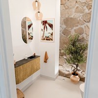 JOYA-DLUX 91,6cm mueble fondo reducido curva izquierda color Oak. Lavabo FAYE posición Derecho 1 orificio color Lava.