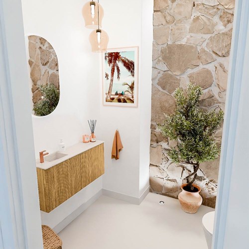 JOYA-DLUX 90cm mueble fondo reducido color Oak. Lavabo FAYE posición Izquierda 1 orificio color Meli.